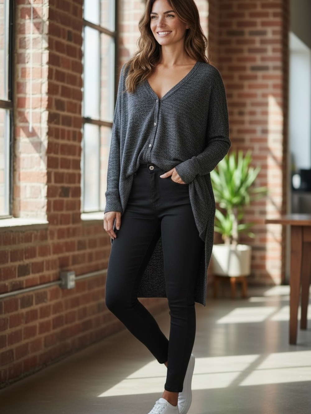 Free People Charcoal Knit Cardigan with Pink Flecks ( high low hem)